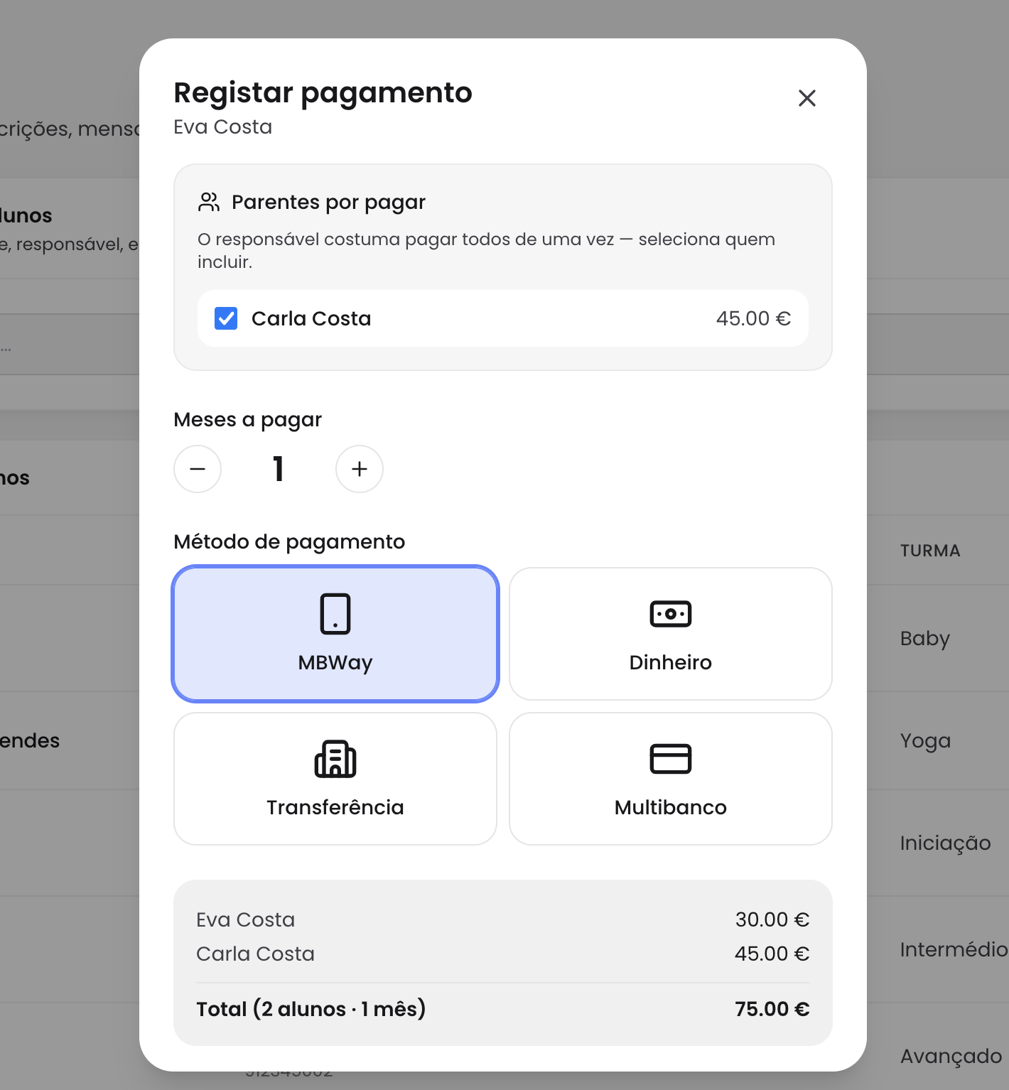 Popup de registar pagamento